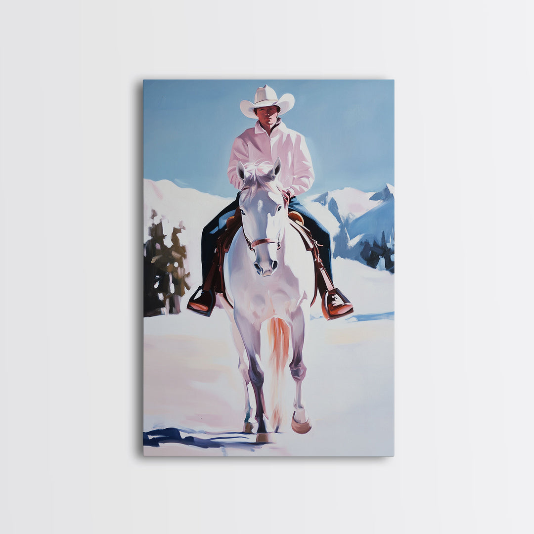 Lone Cowboy on White Horse in Snowy Landscape Canvas Print Winter Christmas Art Seasonal Wall Art Vintage Christmas Moody Landscape Gift