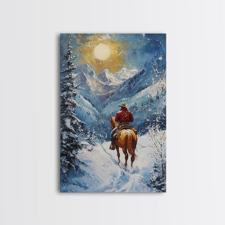 Cowboy in Winter Mountain Scene Canvas Print Christmas Wall Art Vintage Christmas Decor Winter Wonderland Gift Idea Seasonal Wall Art