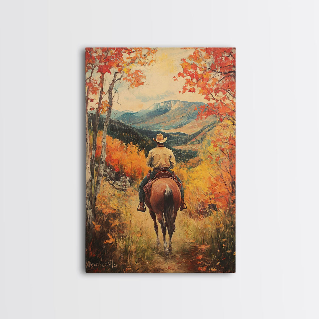 Cowboy in Autumn Landscape Canvas Print Fall Wall Art Vintage Christmas Wall Decor Country Christmas Gift Seasonal Wall Art Fall Decor