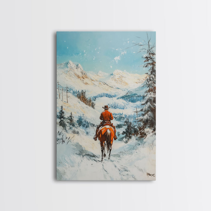 Cowboy Riding Through Snowy Mountains Framed Canvas Print Christmas Wall Art Winter Wonderland Decor Seasonal Wall Art Christmas Gift Idea