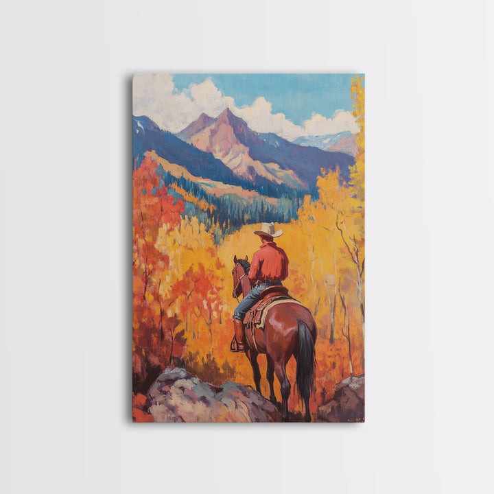 Cowboy in Snowy Mountain Valley Framed Canvas Print Christmas Wall Art Winter Wonderland Vintage Christmas Decor Gift Idea Moody Landscape