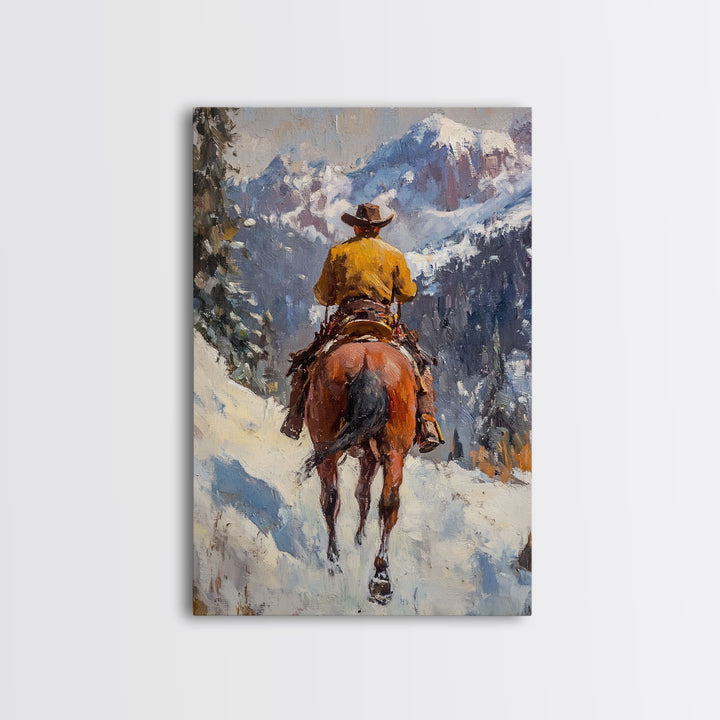 Cowboy on Horseback in Autumn Mountains Canvas Print Fall Wall Art Vintage Christmas Decor Country Christmas Wall Art Gift Idea Seasonal Art