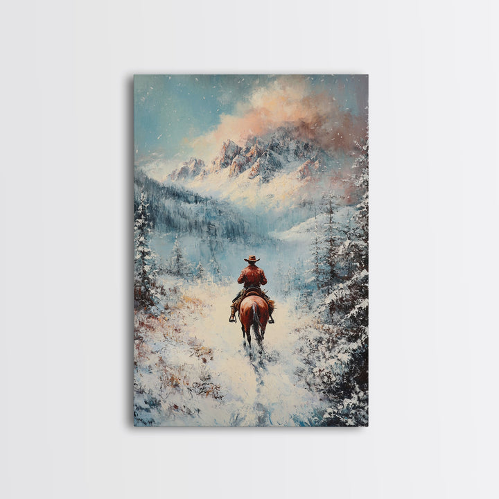 Cowboy in Winter Mountains Framed Canvas Print Christmas Wall Art Winter Wonderland Decor Vintage Christmas Gift Idea Moody Landscape Art