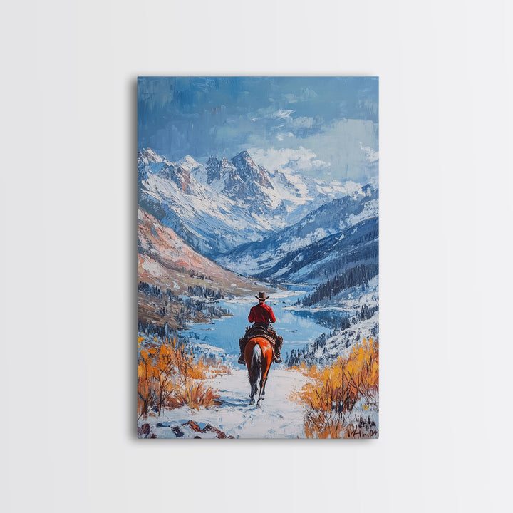 Cowboy in Snowy Mountain Range Canvas Print Winter Wonderland Art Christmas Decor Seasonal Wall Art Vintage Christmas Gift Christmas Decor