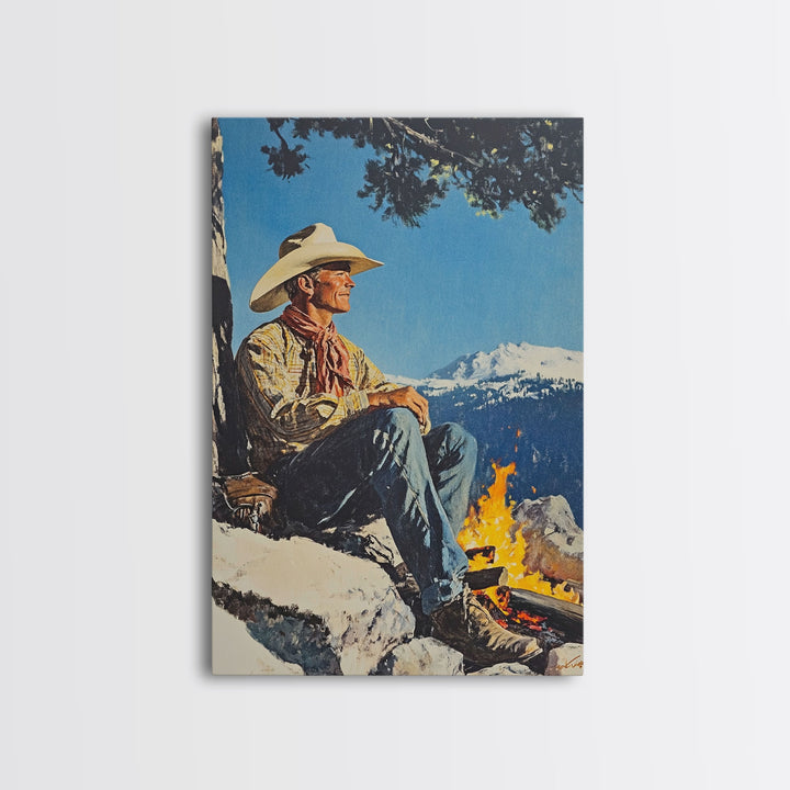 Cowboy Resting by the Fire Canvas Print, Winter Mountain Scene, Seasonal Wall Art, Rustic Western Decor, Holiday Gift, Framed Canvas Print