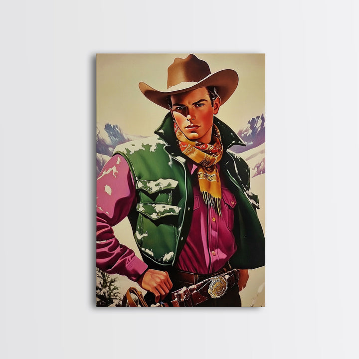 Retro Cowboy in Snowy Mountain Canvas Print, Winter Wall Art, Holiday Decor, Vintage Christmas Art, Rustic Wall Decor, Framed Canvas Print