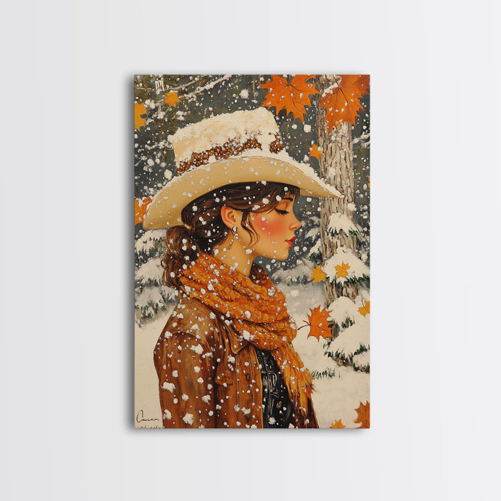 Snowy Cowgirl in Fall Scene Canvas Print, Seasonal Holiday Art, Rustic Christmas Decor, Farmhouse Wall Art, Winter Wonderland Wall Print