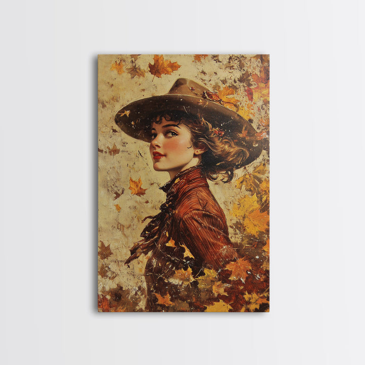 Autumn Cowgirl Portrait Canvas Print, Vintage Fall Wall Art, Farmhouse Decor, Holiday Art, Perfect Home Decor Gift Idea, Framed Canvas Print