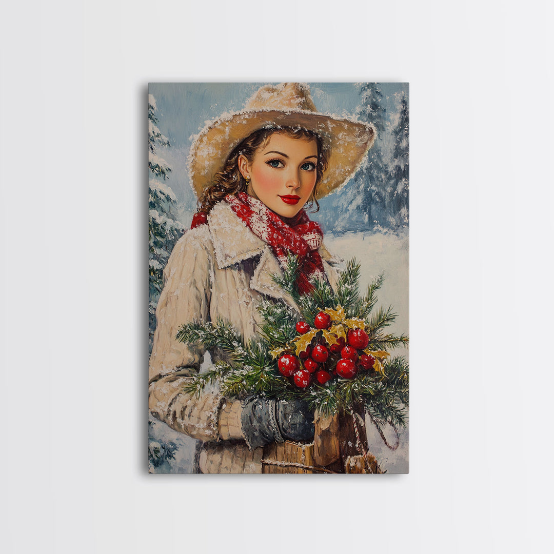 Cozy Christmas framed canvas print woman carrying holiday greenery in snowy winter scene perfect for vintage Christmas home decor