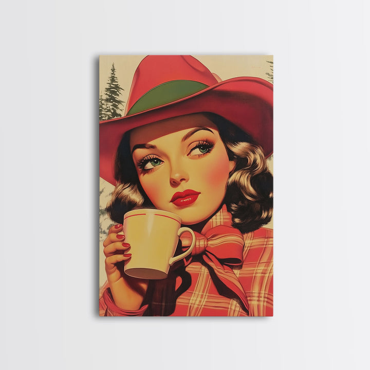 Retro Christmas holiday art framed canvas print a stylish woman with coffee holiday wall art perfect for vintage Christmas home decor