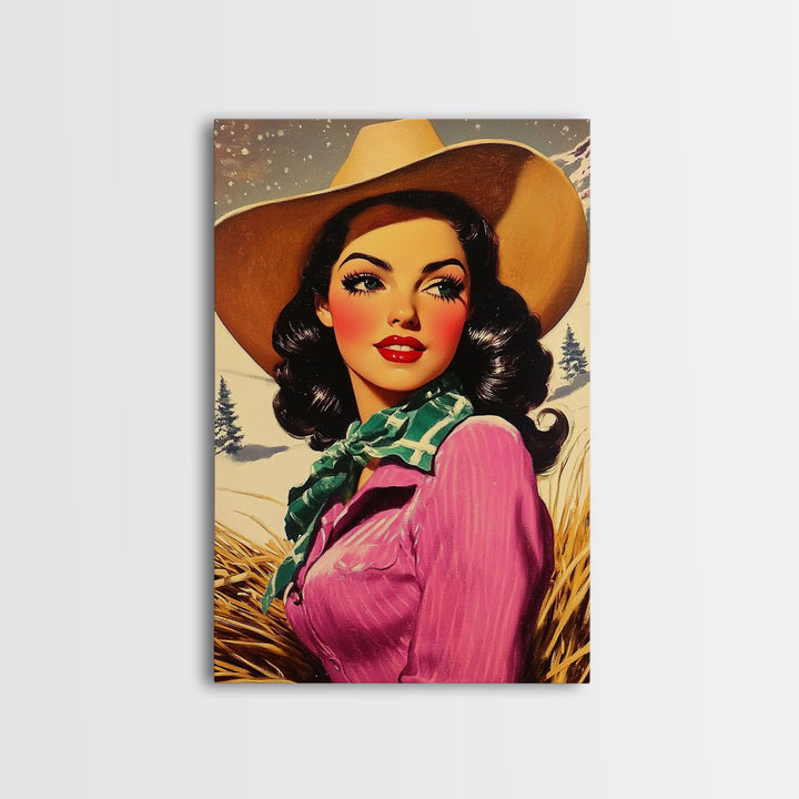 Retro Christmas framed canvas print festive cowgirl in a snowy landscape perfect holiday wall art or vintage Christmas home decor gift idea