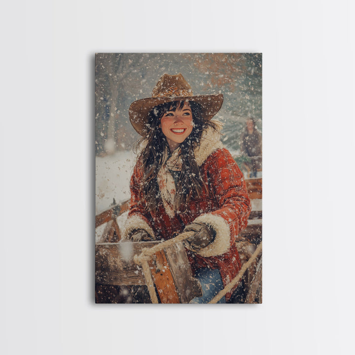 Country Christmas framed canvas print cheerful woman enjoying a snowy ride perfect seasonal wall art or vintage holiday home decor idea
