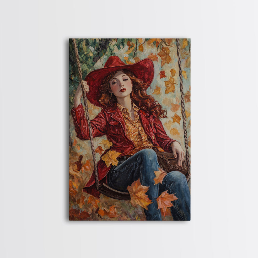 Fall Cowgirl Enjoying Her Swing, Framed Canvas Print, Autumn Decor, Cute Wall Art Gift Idea
