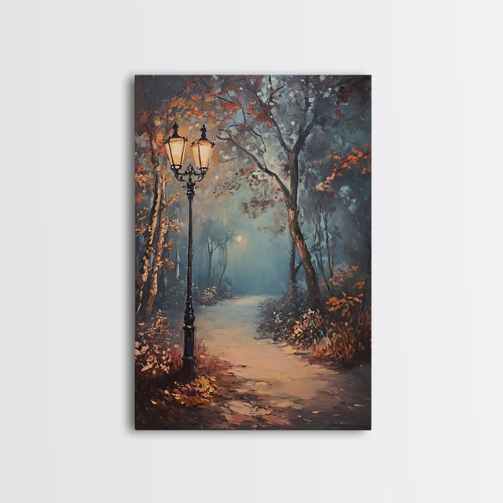 Spooky Street Lights In The City Park, Framed Canvas Print, Wood Framed Wall Art, Fall Decor, Holiday Decor, Seasonal Gift Idea