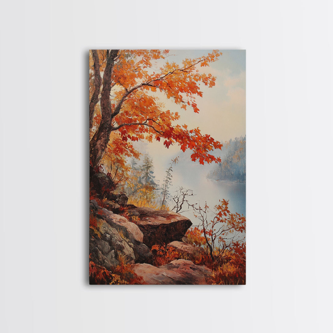 Fall In The Virginia Mountains - Framed Canvas Print - Autumn Leaves Falling On The Mountain Lake Landscape