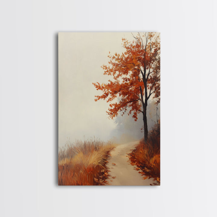 Framed Canvas Print of a Cozy Autumn Path with Trees and Fall Leaves, Rustic Country Decor, Moody Landscape Art, Best Gift Idea, Fall Decor