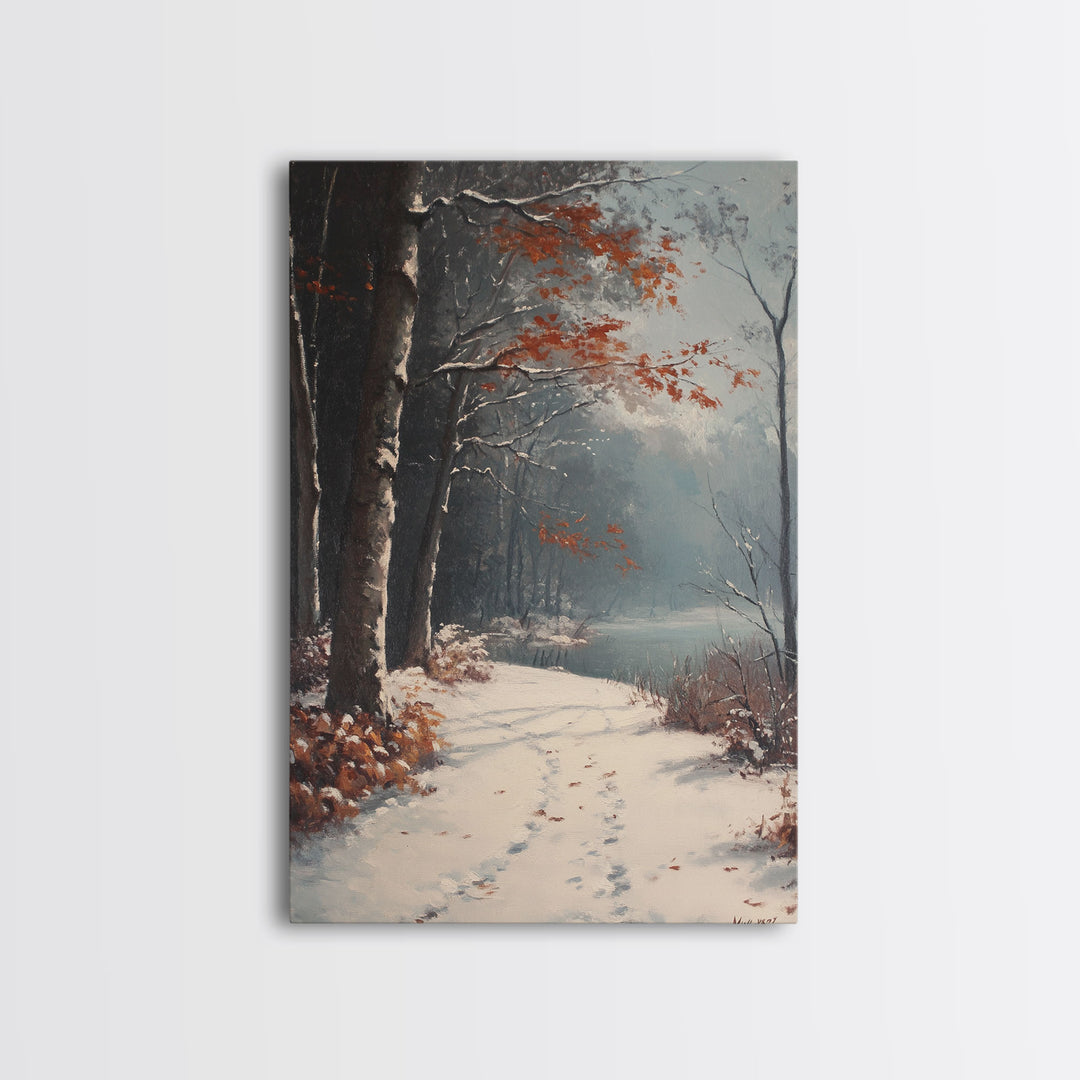 Framed Canvas Print of a Snowy Path with Trees and Red Leaves, Winter Wall Art, Moody Landscape, Best Gift Idea, Modern Christmas Decor