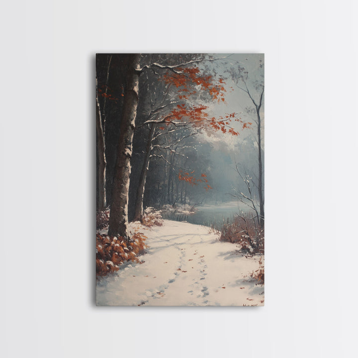 Framed Canvas Print of a Snowy Path with Trees and Red Leaves, Winter Wall Art, Moody Landscape, Best Gift Idea, Modern Christmas Decor