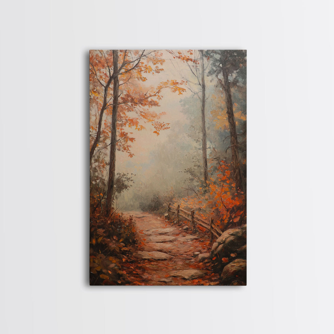 Framed Canvas Print of a Fall Path with Fence and Trees, Autumn Wall Art, Rustic Country Decor, Best Gift Idea, Modern Farmhouse Fall Decor