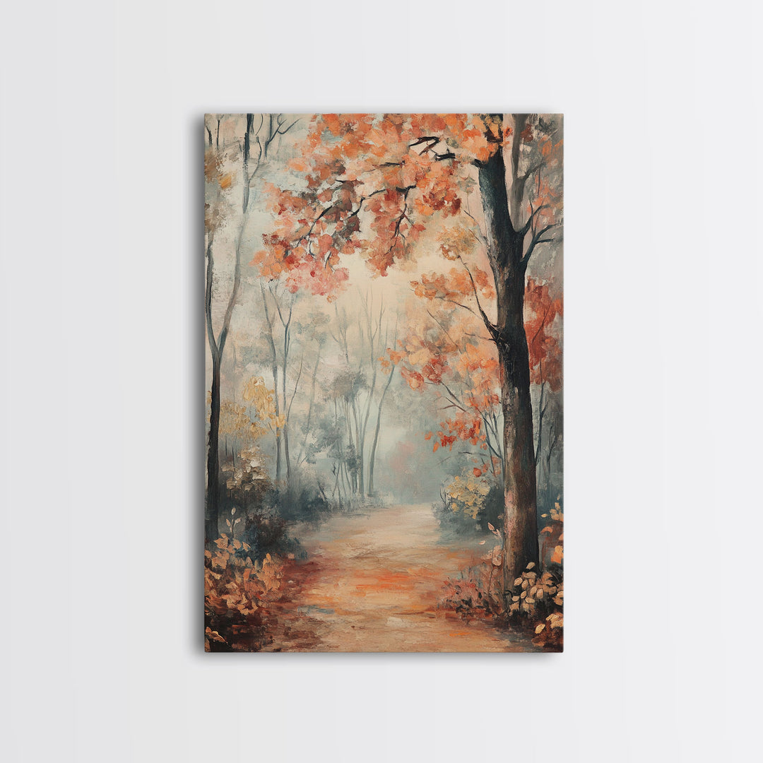 Framed Canvas Print of Foggy Autumn Forest with Red Leaves, Moody Landscape Wall Art, Fall Seasonal Decor, Best Gift Idea, Modern Farmhouse