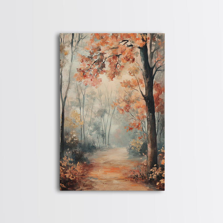 Framed Canvas Print of Foggy Autumn Forest with Red Leaves, Moody Landscape Wall Art, Fall Seasonal Decor, Best Gift Idea, Modern Farmhouse