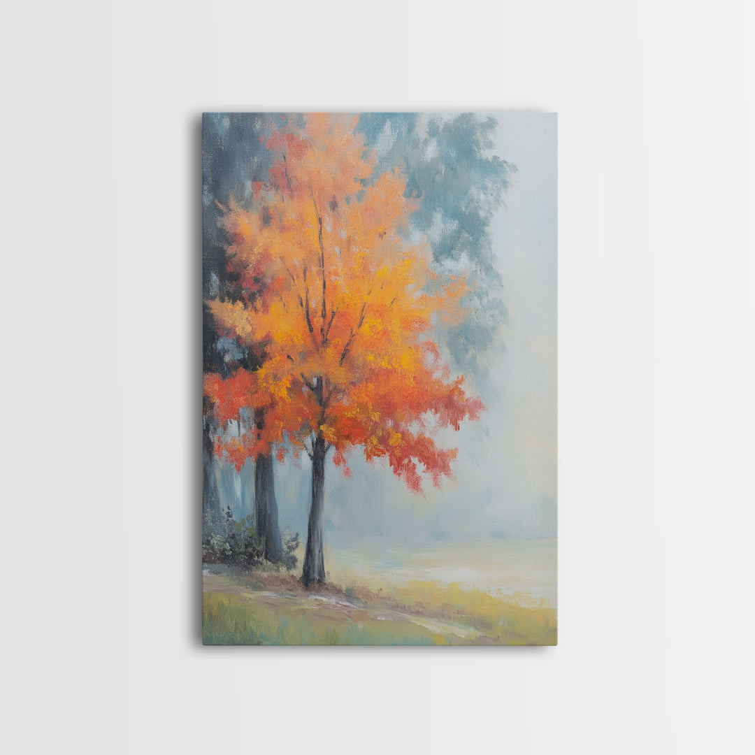 Canvas Print of Vibrant Autumn Tree in Misty Background, Seasonal Wall Art, Fall Decor, Best Gift Idea, Modern Farmhouse Landscape Art