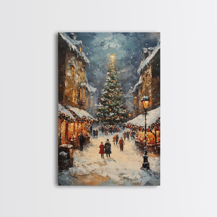 Christmas Market Scene With Tree And Snow Framed Canvas Print Vintage Holiday Village Scene Perfect For Christmas Wall Art And Holiday Decor