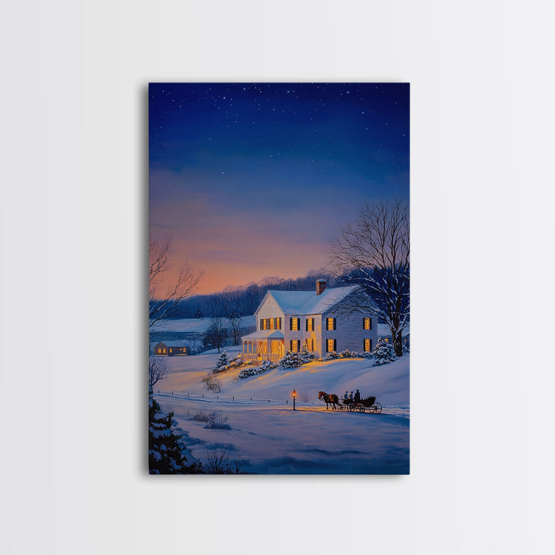 Cozy Snowy House Winter Landscape Framed Canvas Print Wall Art Christmas Decor, Country Christmas Art Gift, Winter Wonderland Art