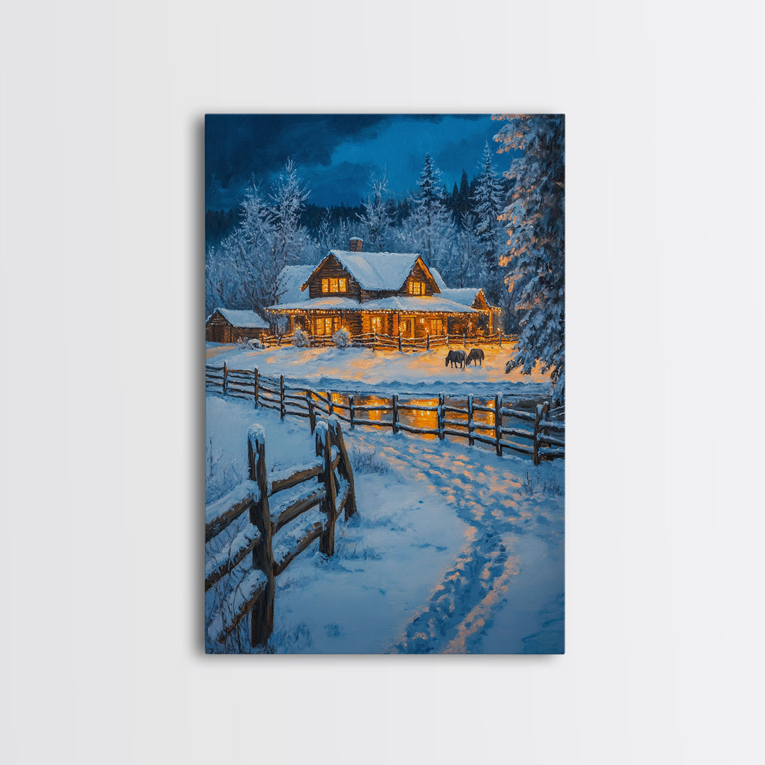 Warm Log Cabin In Snow Framed Canvas Print Wall Art Winter Holiday Decor, Country Christmas Art Gift, Rustic Winter Wonderland Art
