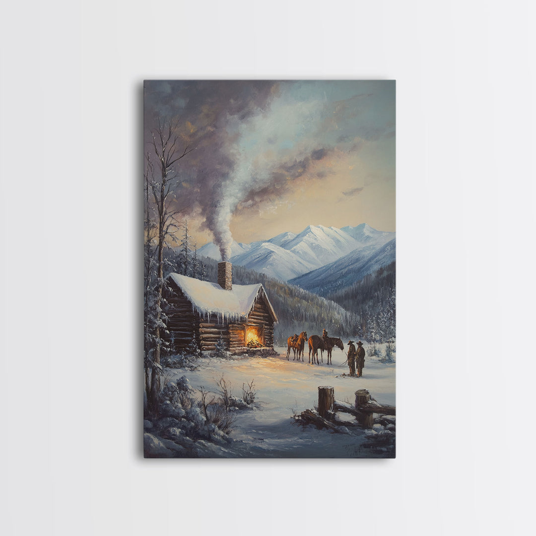 Mountain Cabin In Snow With Horses Framed Canvas Print Wall Art Rustic Winter Decor, Country Christmas Art, Winter Wonderland Scene