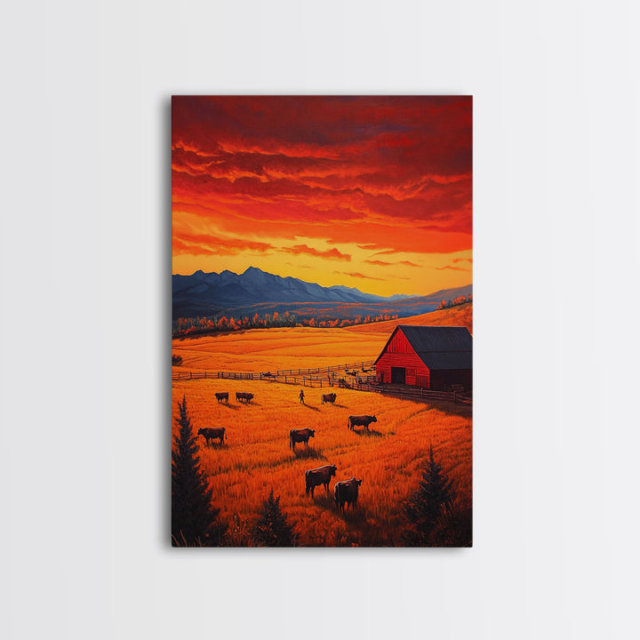 Golden Fields and Barn Framed Canvas Print, Pastoral Landscape with Mountains Grazing Cows, Rustic Fall Wall Art Farmhouse Ranch Style Decor