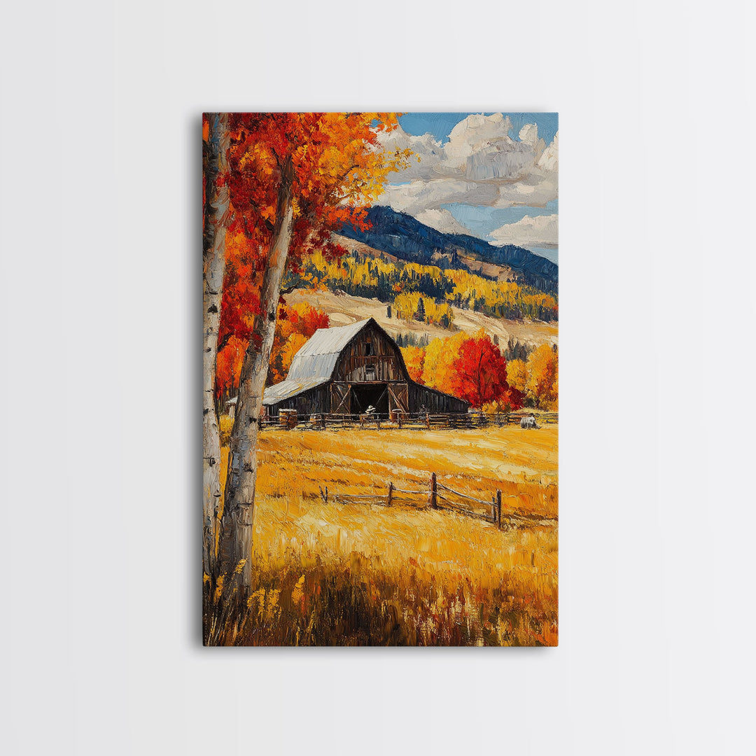 Countryside Barn in Autumn Framed Canvas Print, Bright Fall Landscape Birch Trees, Rustic Wall Art Country Home or Farmhouse Autumn Decor