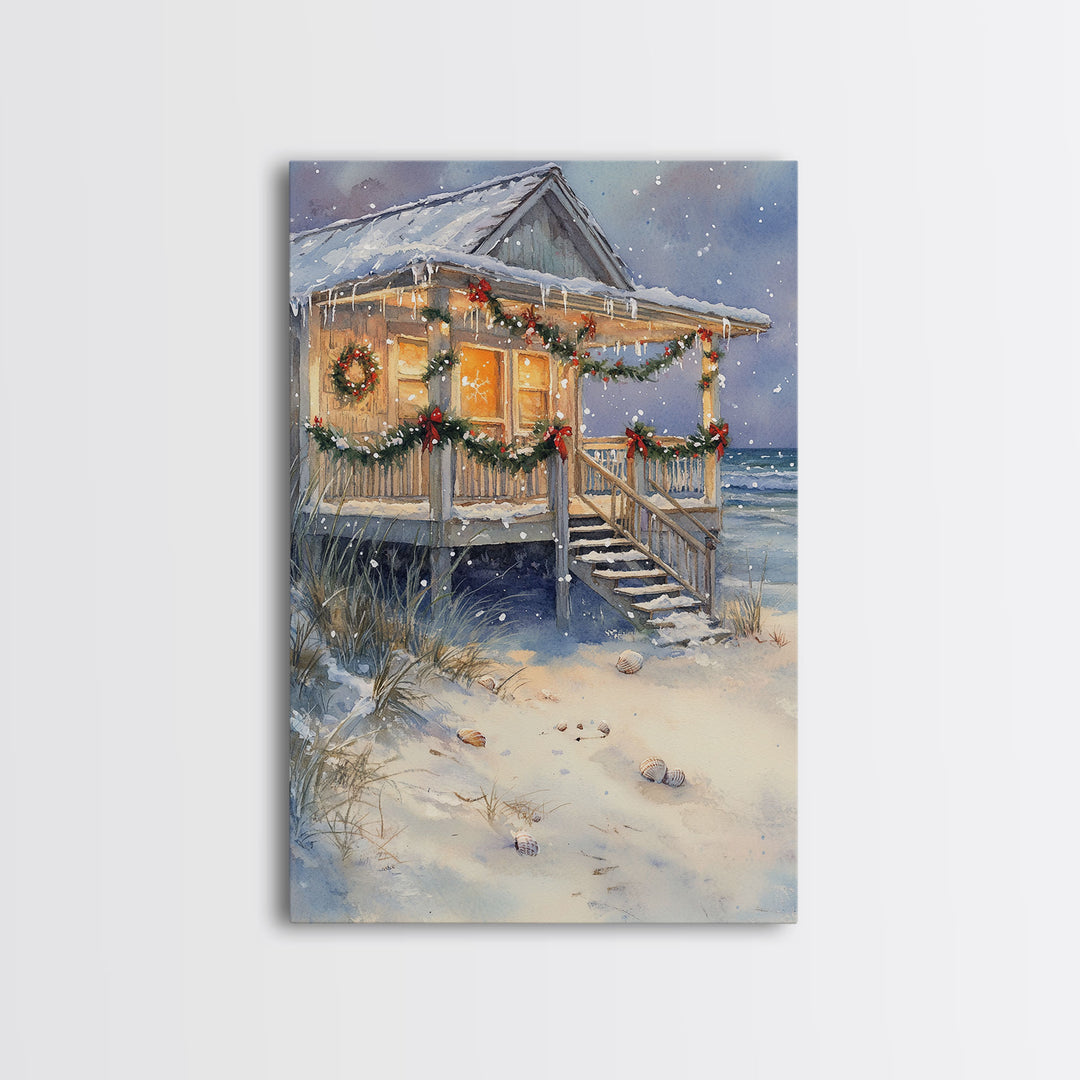 Beach Christmas Cottage Framed Canvas Print, Coastal Holiday Decor with Snow, Wreaths, and Shells, Perfect for Nautical Christmas Wall Art