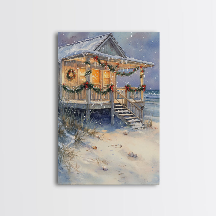 Beach Christmas Cottage Framed Canvas Print, Coastal Holiday Decor with Snow, Wreaths, and Shells, Perfect for Nautical Christmas Wall Art