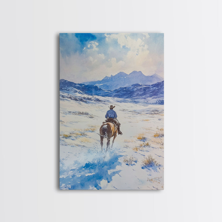 Cowboy riding through snowy mountain pass, Framed Canvas Print, western winter landscape wall art, farmhouse holiday decor Christmas gift