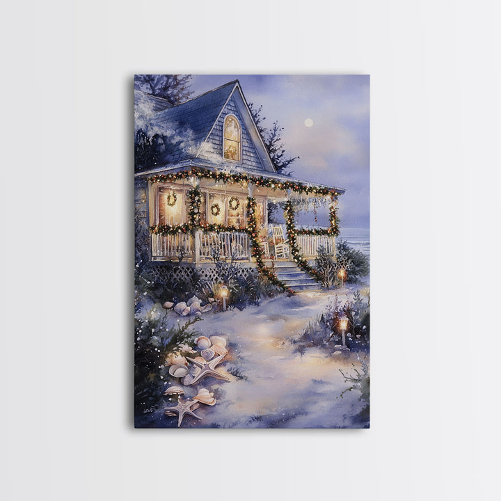 Charming beachfront cottage Christmas lights with wreaths Framed Canvas Print, beach house holiday wall art coastal Christmas decor