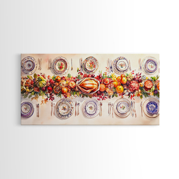 Festive Thanksgiving dinner table setting with colorful centerpiece, framed canvas print perfect autumn holiday decor wall art