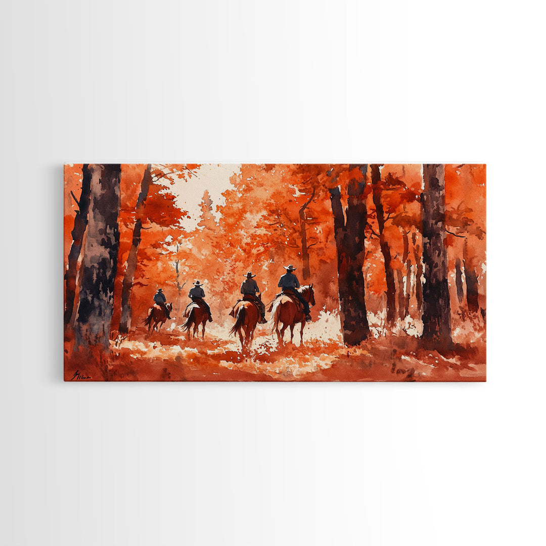Framed Canvas Print Fall Forest Riders in Autumn Colors, Rustic Cowboy Wall Art, Perfect Fall Decor and Seasonal Home Art