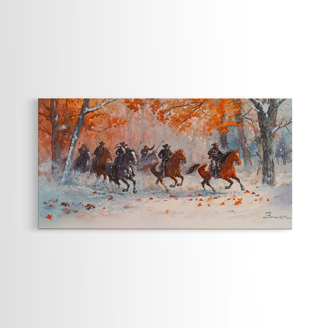 Framed Canvas Print Fall Forest Cowboys in Vibrant Autumn Colors, Perfect Autumn Wall Art, Rustic Home Decor, and Seasonal Cowboy Art