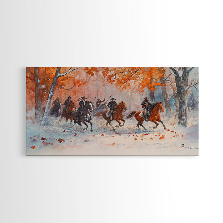Framed Canvas Print Fall Forest Cowboys in Vibrant Autumn Colors, Perfect Autumn Wall Art, Rustic Home Decor, and Seasonal Cowboy Art
