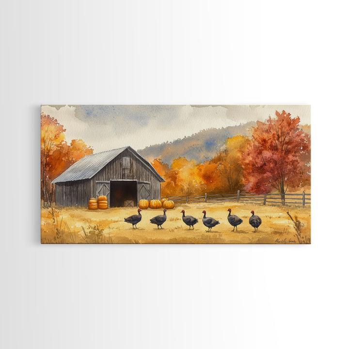 Framed Canvas Print Rustic Barn with Pumpkins and Turkeys, Perfect Autumn Farmhouse Decor, Fall Wall Art, Country Autumn Scene