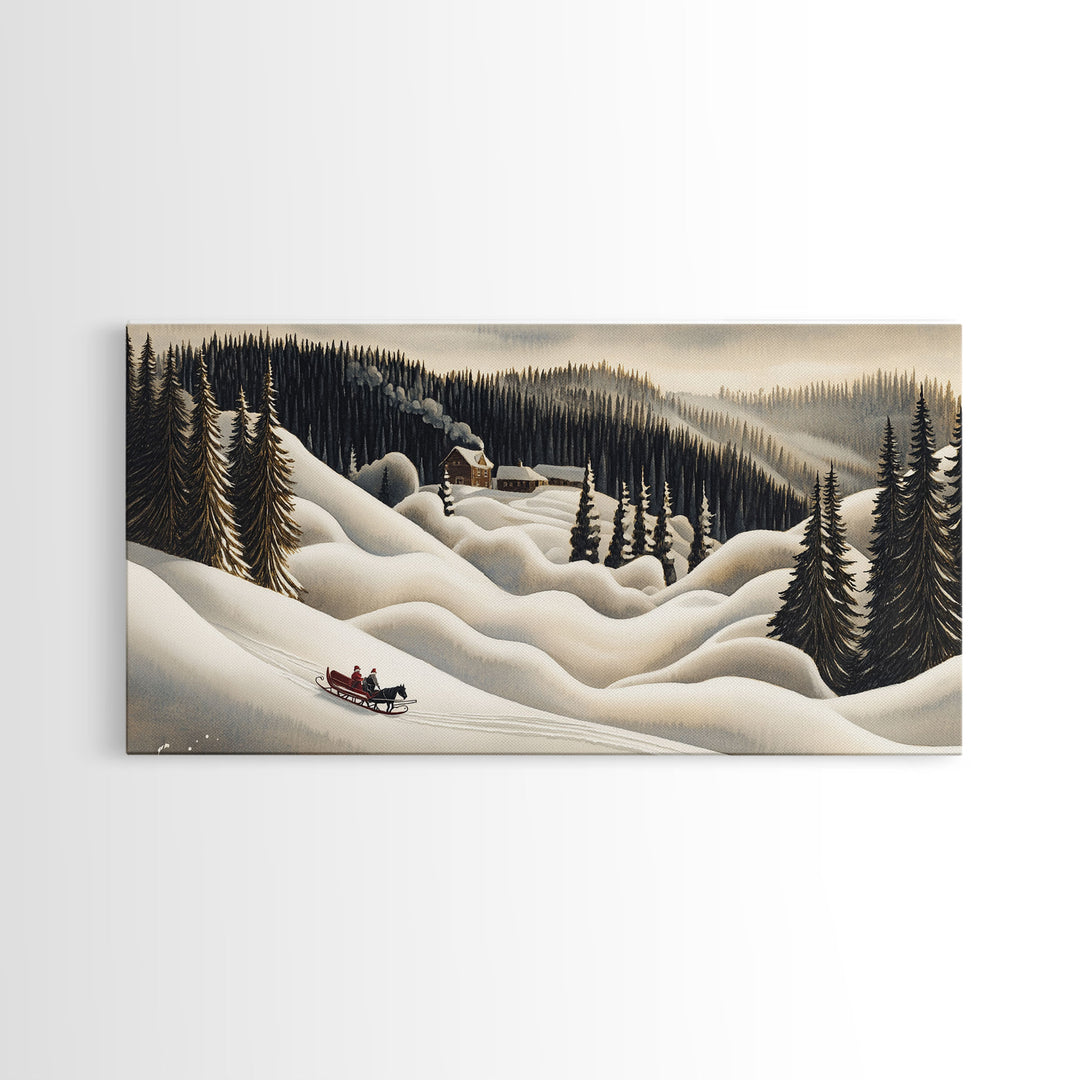 Framed Canvas Print Snowy Mountain Sleigh Ride, Winter Wonderland Wall Art, Christmas Home Decor, Vintage Holiday Scene