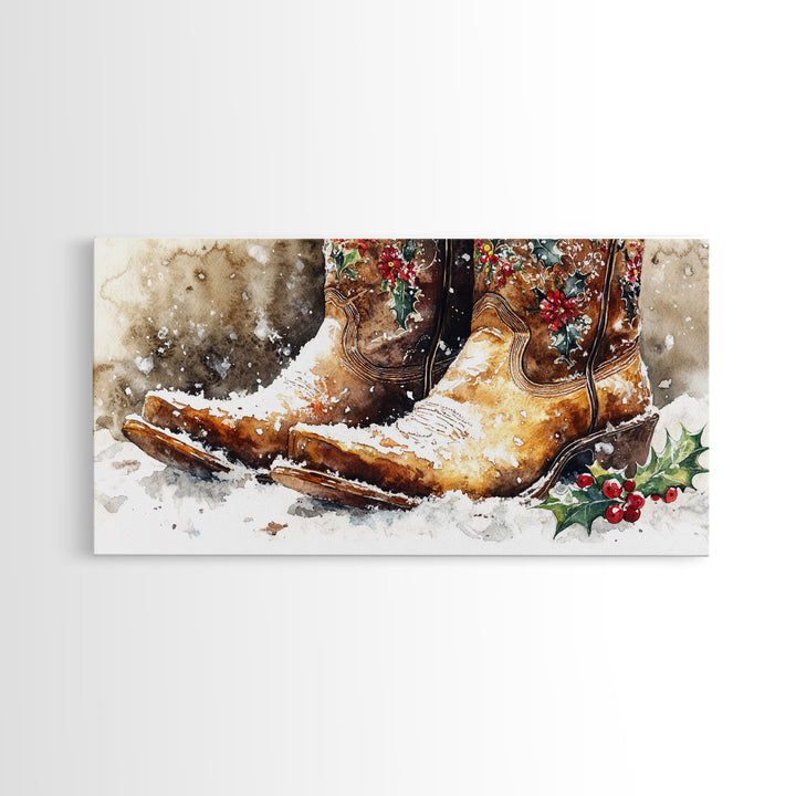 Rustic Cowboy Boots with Holly Framed Canvas Print Christmas Decor Western Holiday Wall Art Vintage Christmas Art Gift Idea 2024