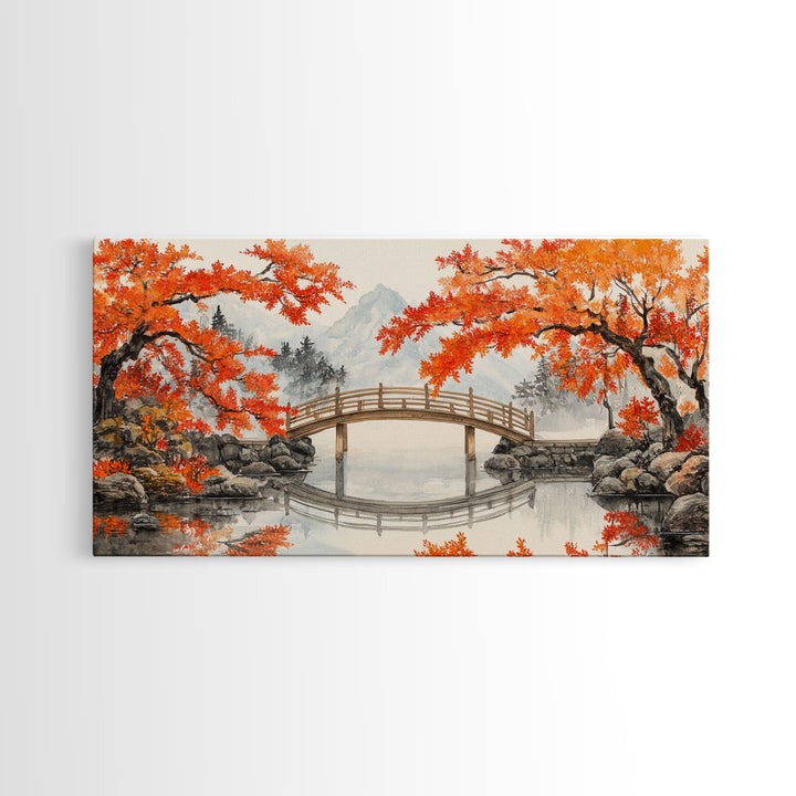 Japanese Bridge in Autumn Framed Canvas Print Fall Landscape Art Nature Wall Decor Seasonal Holiday Art Rustic Country Gift Idea 2024