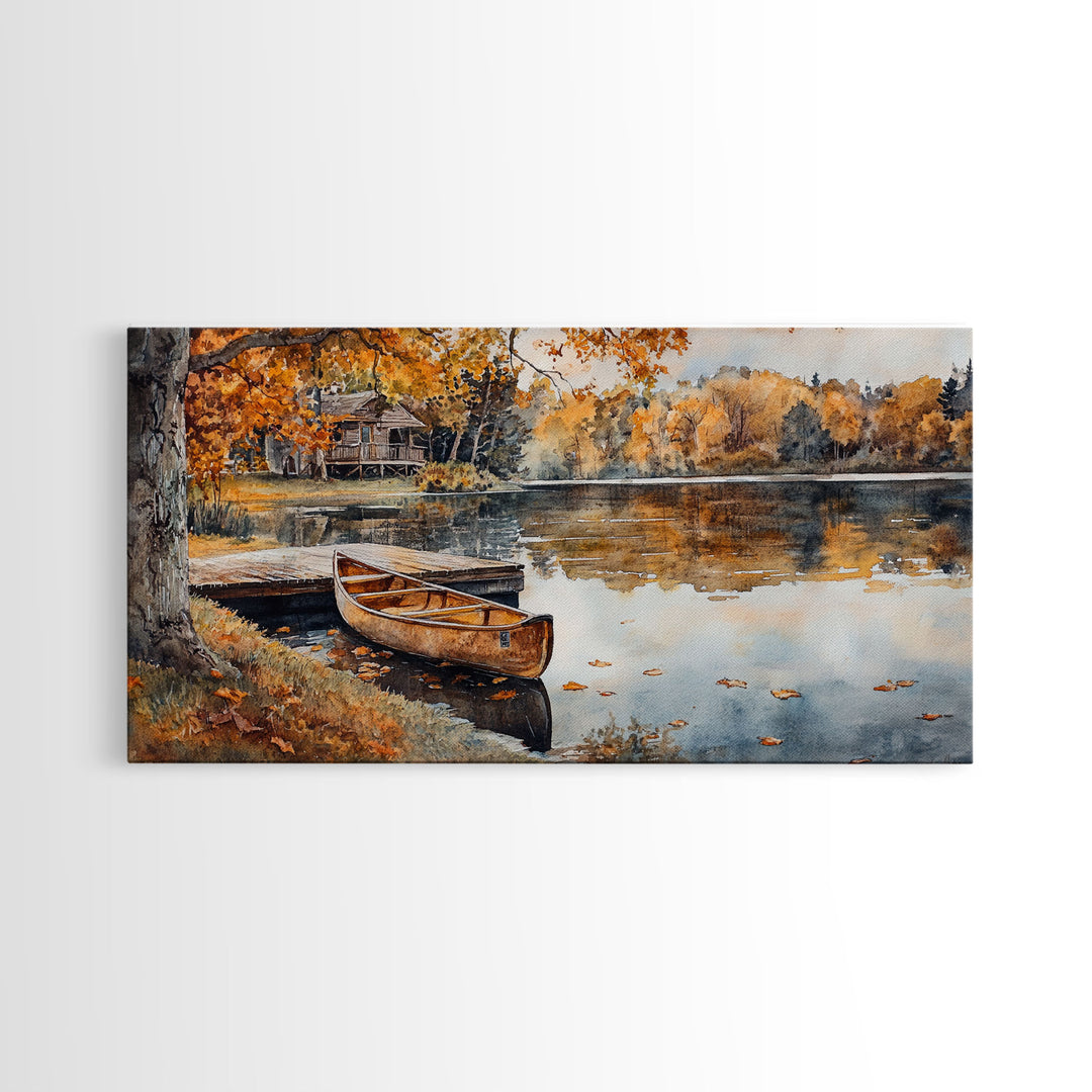 Fall lake house decor Framed Canvas Print serene lakeside cabin canoe rustic autumn wall art seasonal decor gift idea cozy fall home decor