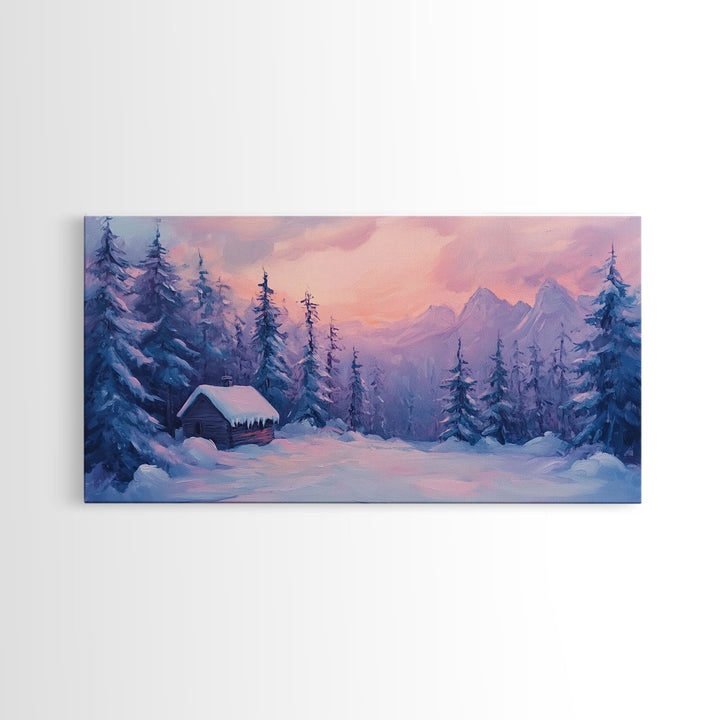 Cozy Cabin Surrounded By Winter Trees Tall Art Framed Canvas Print Serene Snowy Forest Cabin Landscape With Warm Interior Lights