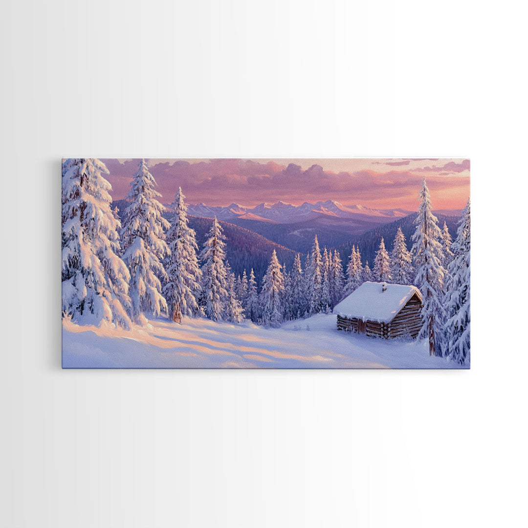 Mountain Cabin At Sunrise Tall Art Framed Canvas Print Winter Snow Covered Trees And Cabin In Mountains With Pastel Sky