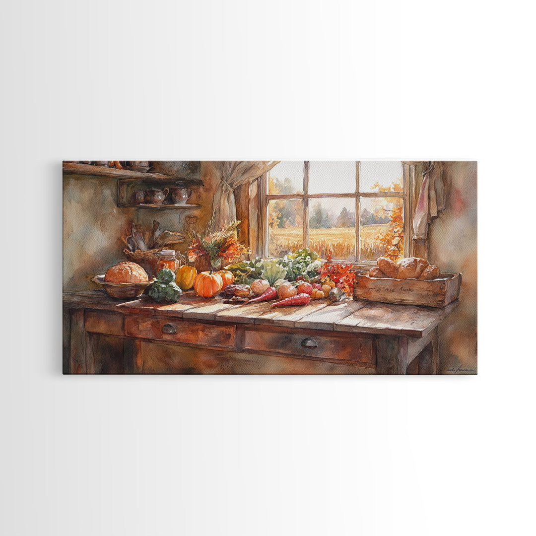 Autumn farmhouse scene art, seasonal wall decor, vintage fall wall art, rustic autumn home decor, gift idea, framed canvas print