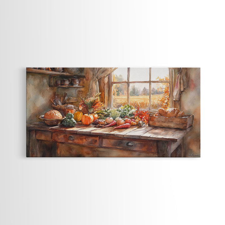 Autumn farmhouse scene art, seasonal wall decor, vintage fall wall art, rustic autumn home decor, gift idea, framed canvas print