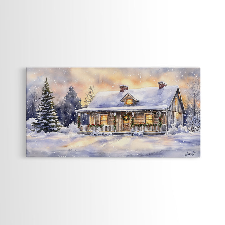 Log cabin in winter, snowy holiday art, farmhouse Christmas decor, rustic Christmas, vintage wall art, framed canvas print